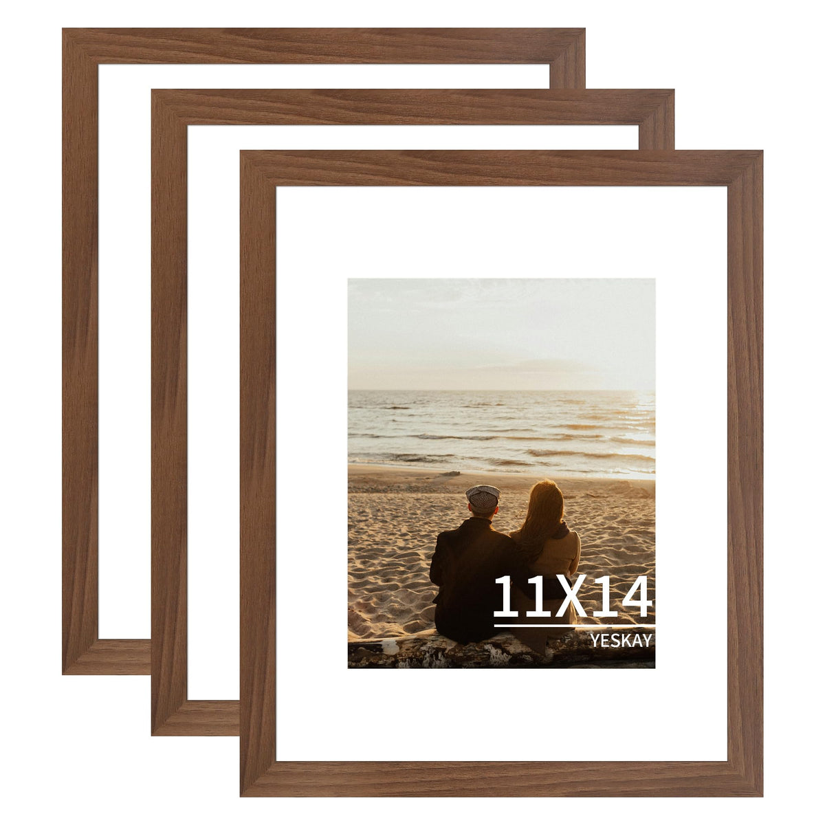 YESKAY 11x14 Picture Frame 3 Pack,Brown Wooden Frame with Tempered Glass,Display Pictures 8x10 with Mat or 11 x 14 Without Mat,11 by 14 Photo Frame for Wall Hanging