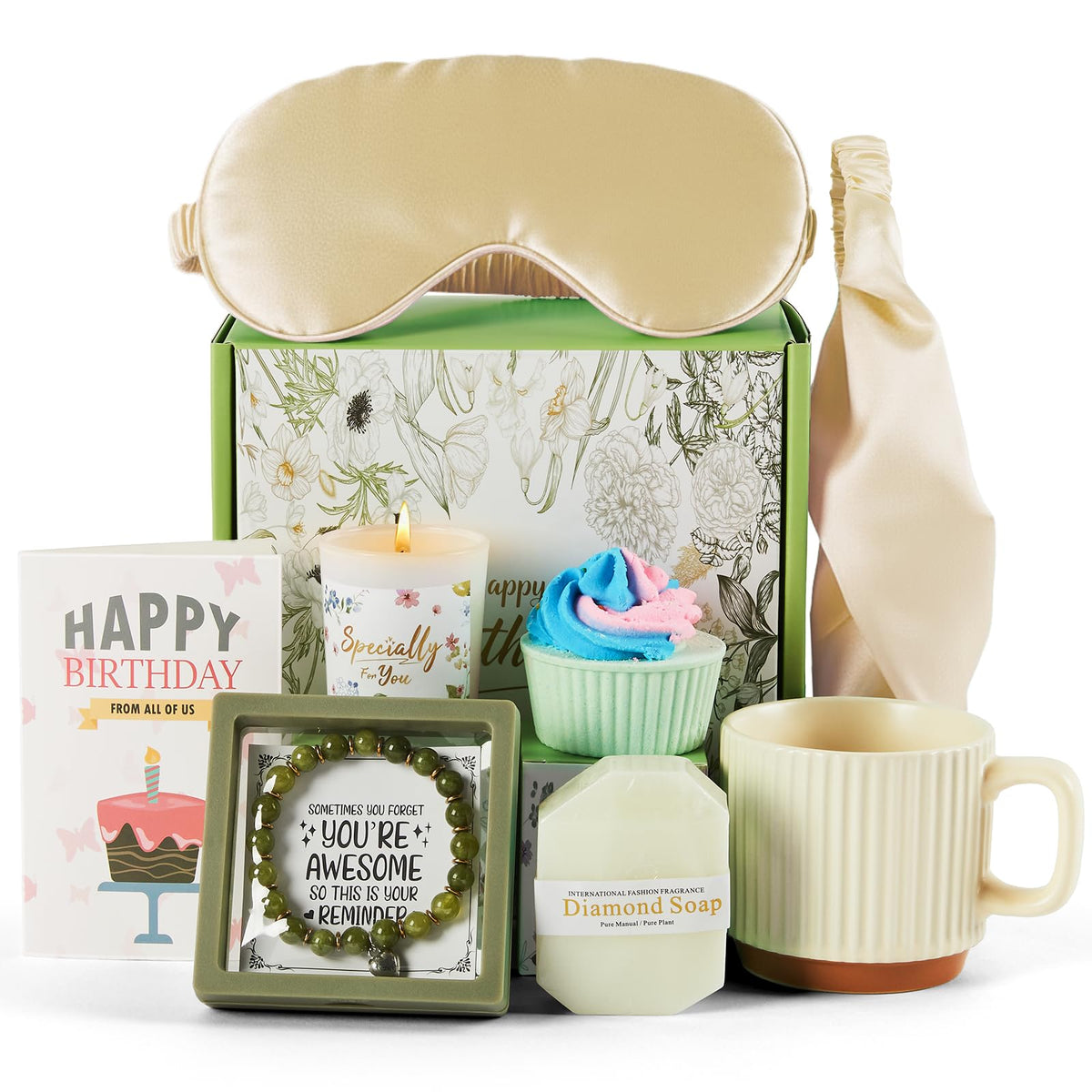 Mug Gift Birthday Gifts Set for Women, Spa Baskets Gift Box Unique Happy Birthday Gifts Ideas for Women Mom Her Friend Sister Wife Daughter Girlfriend Coworker, Ceramic Mug 12 OZ (Off-white)