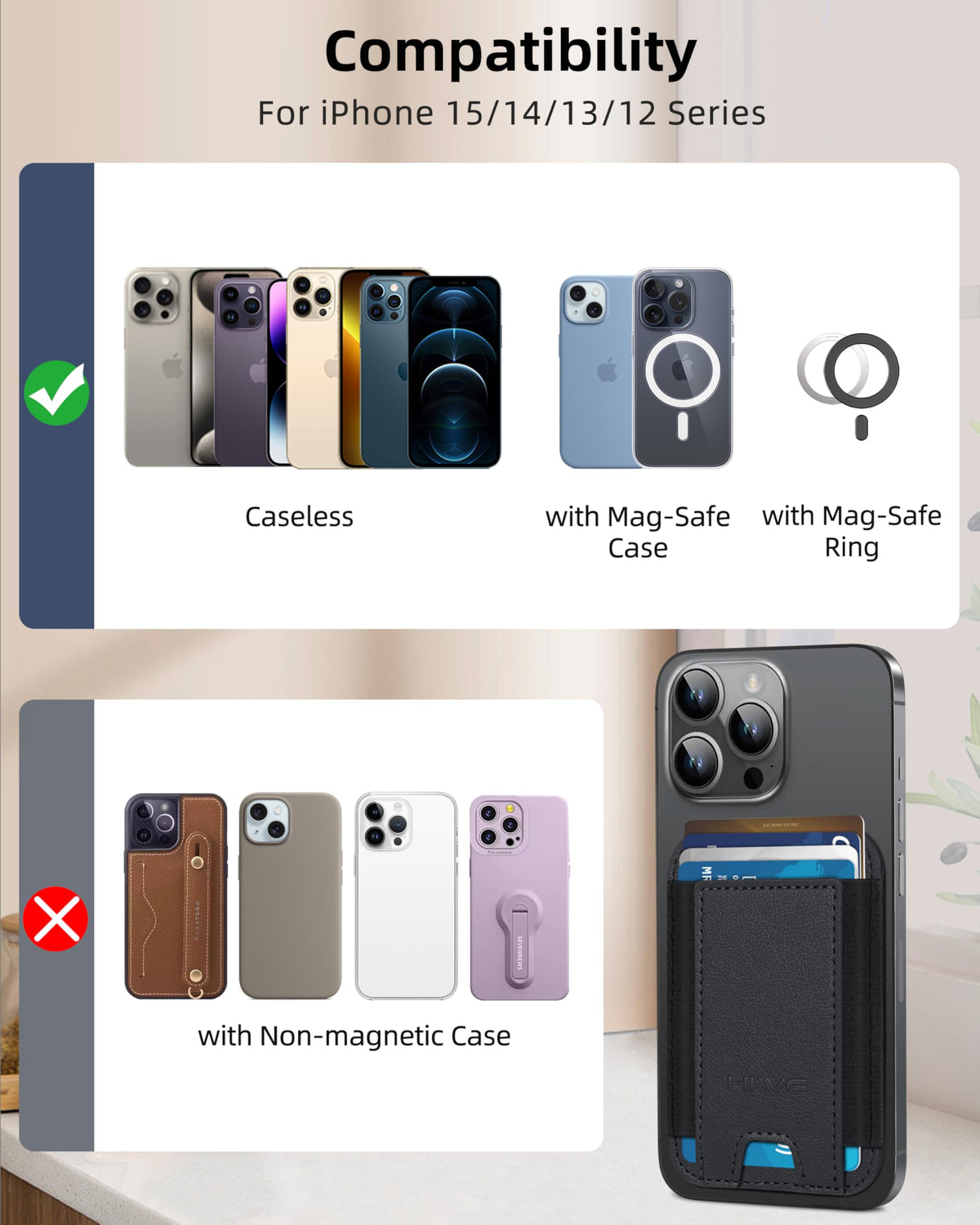 HiWe for MagSafe Wallet, Stronger Magnetic Wallet for iPhone 17/16/15/14/13/12 Series, 7 Cards Holder for Magnetic Phone Case, N52+ Magnets, RFID Vegan Leather Minimalist Slim, 1 Slot, Black & Black