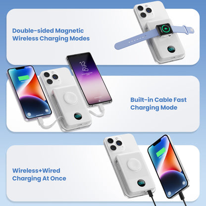 Magnetic Portable Charger 10800mAh for iPhone with Built-in Cables, 6-in-1 Wireless Power Bank with iWatch Charger, LCD Display 25W PD Fast Charging Battery Pack for iPhone 16/15/14/13/12, Apple Watch
