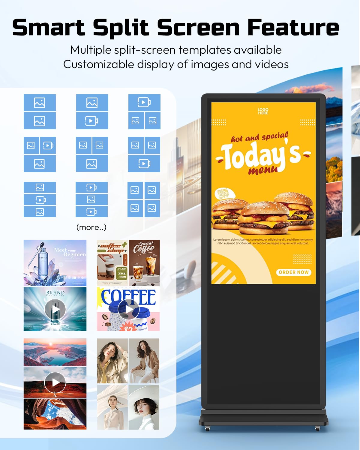 SIOXCFZ 55 inch Digital Signage Display, 4K 2160P LCD Screen Indoor Floor Standing Digital Kiosk, Auto Media Player Advertising Display Poster with Android OS Remote Control, HDMI/WiFi/USB