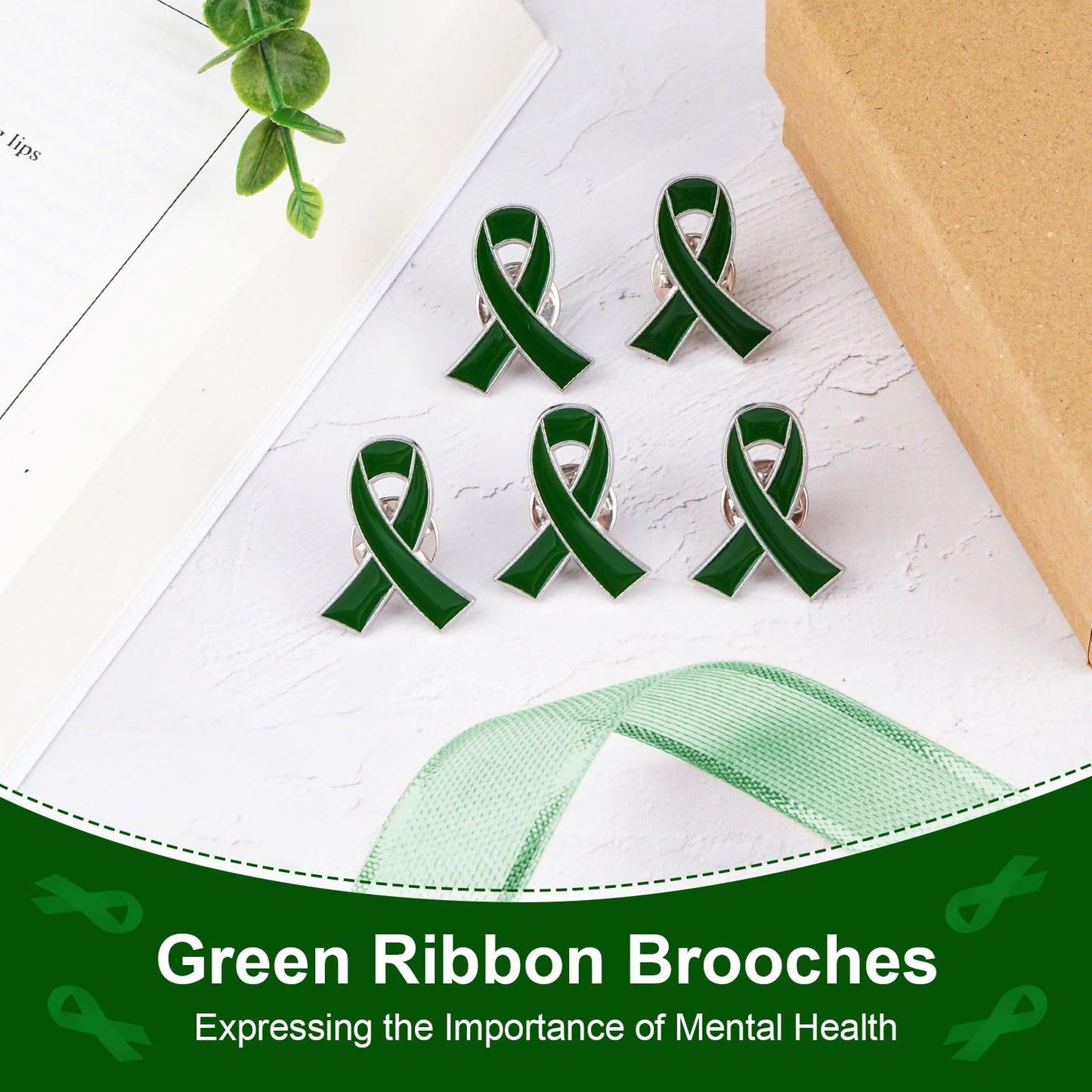 WANDIC 50Pcs Green Ribbon Mental Health Pin Badges Alloy Mental Health Awareness Brooches Liver Cancer Pin Badges Souvenir Brooches for Charity Event(2.5 * 2cm)