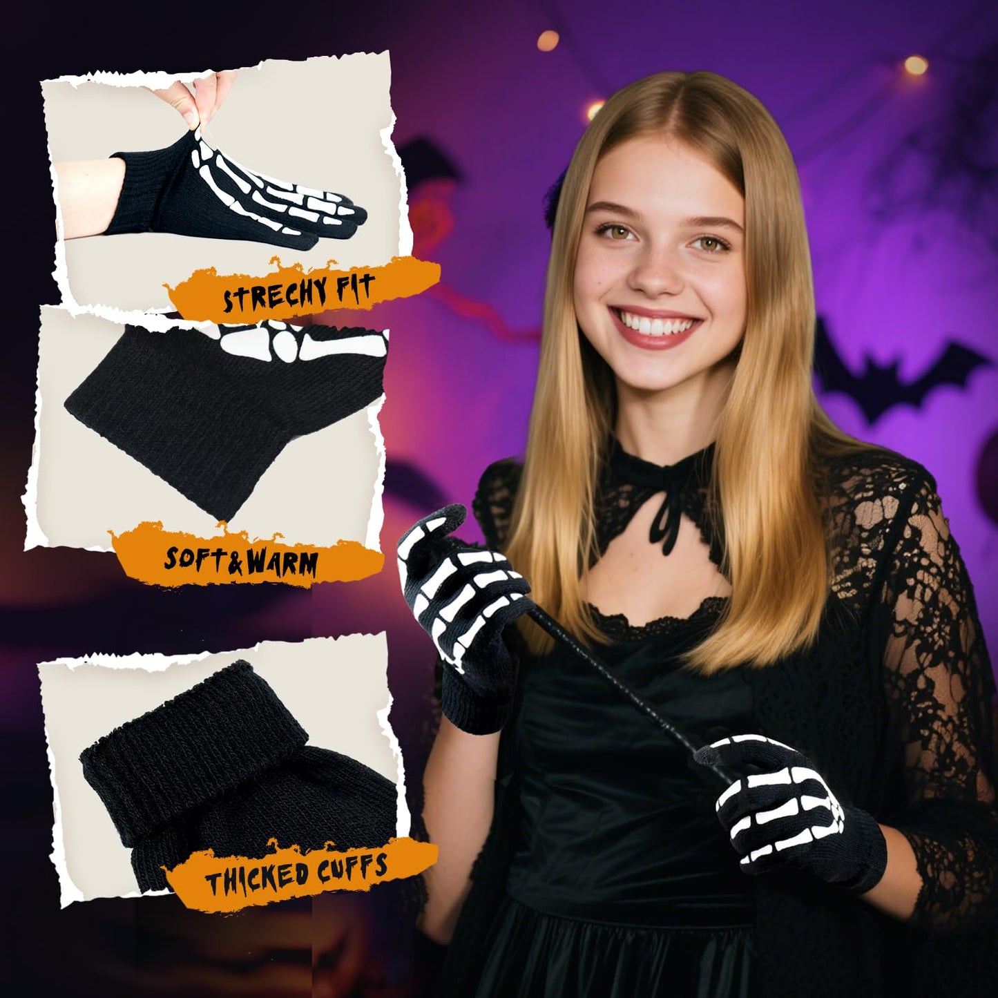 CROSSFINGERS Skeleton Gloves with Touchscreen and Warm for Halloween Cosplay Party and Daily Wears 2 Pairs
