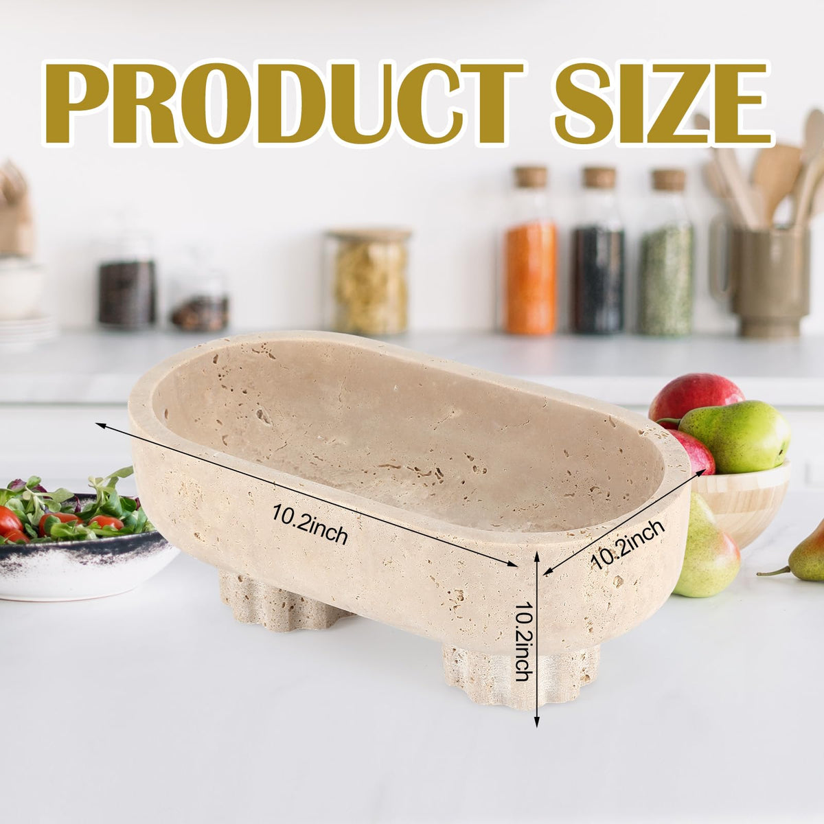 LemonRoad Natural Oval Travertine Fruit Bowl 10" Large Decorative Bowl 2 Legs & Travertine Decor Pedestal for Kitchen Counter Dining Table, Entryway, Kitchen Fruit Organizer, Dining Table Centerpiece
