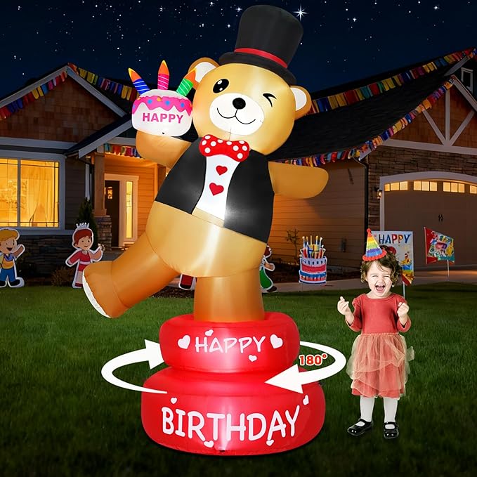 6FT Birthday Inflatable Decorations Happy Birthday Cake Outdoor Decor with Candles Lighted Blow Up Party, Brown Bear Holding Cake, Bright LED Lights for Home Celebration Garden Yard Lawn Decor