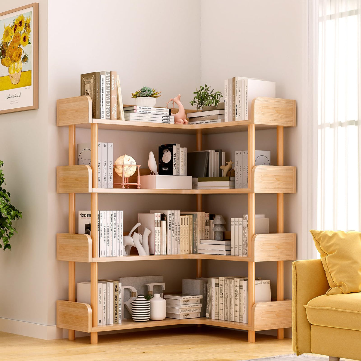 OSCHF Wooden Reversible Corner Bookshelf - Modern 4 Tiers L-Shaped Bookcase with Solid Wood Frame and Edge Protection for Home and Office, Open Storage Shelf, Oak