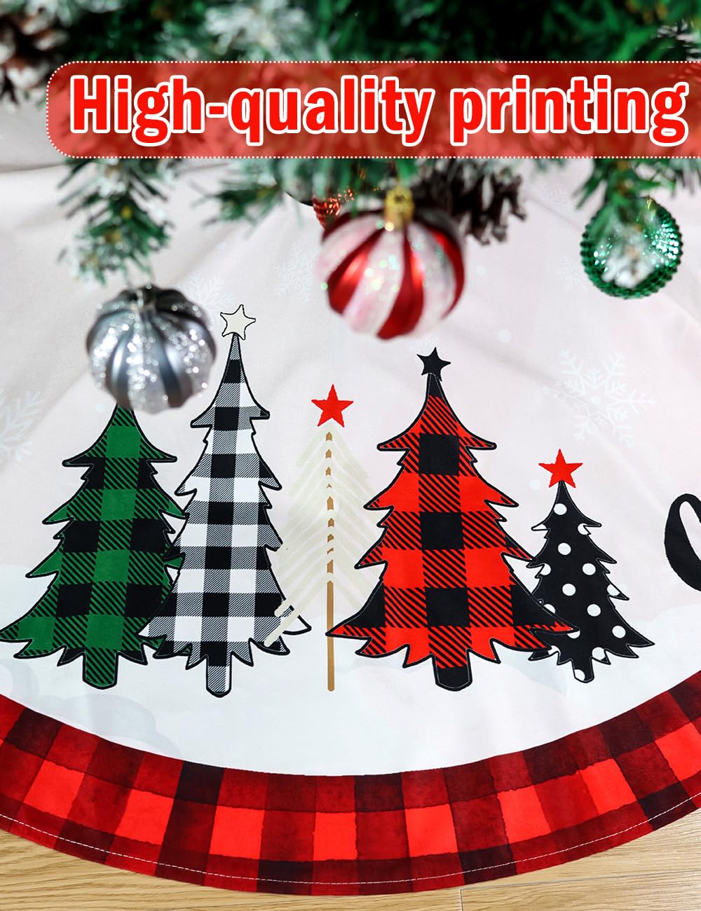 Multiwins Christmas Tree Skirt 48 Inch Red Rustic Xmas Tree Skirt with Snowflake, Black Red Buffalo Plaid Christmas Tree Skirt Ornaments for Merry Christmas Holiday Party Decorations Indoor Outdoor