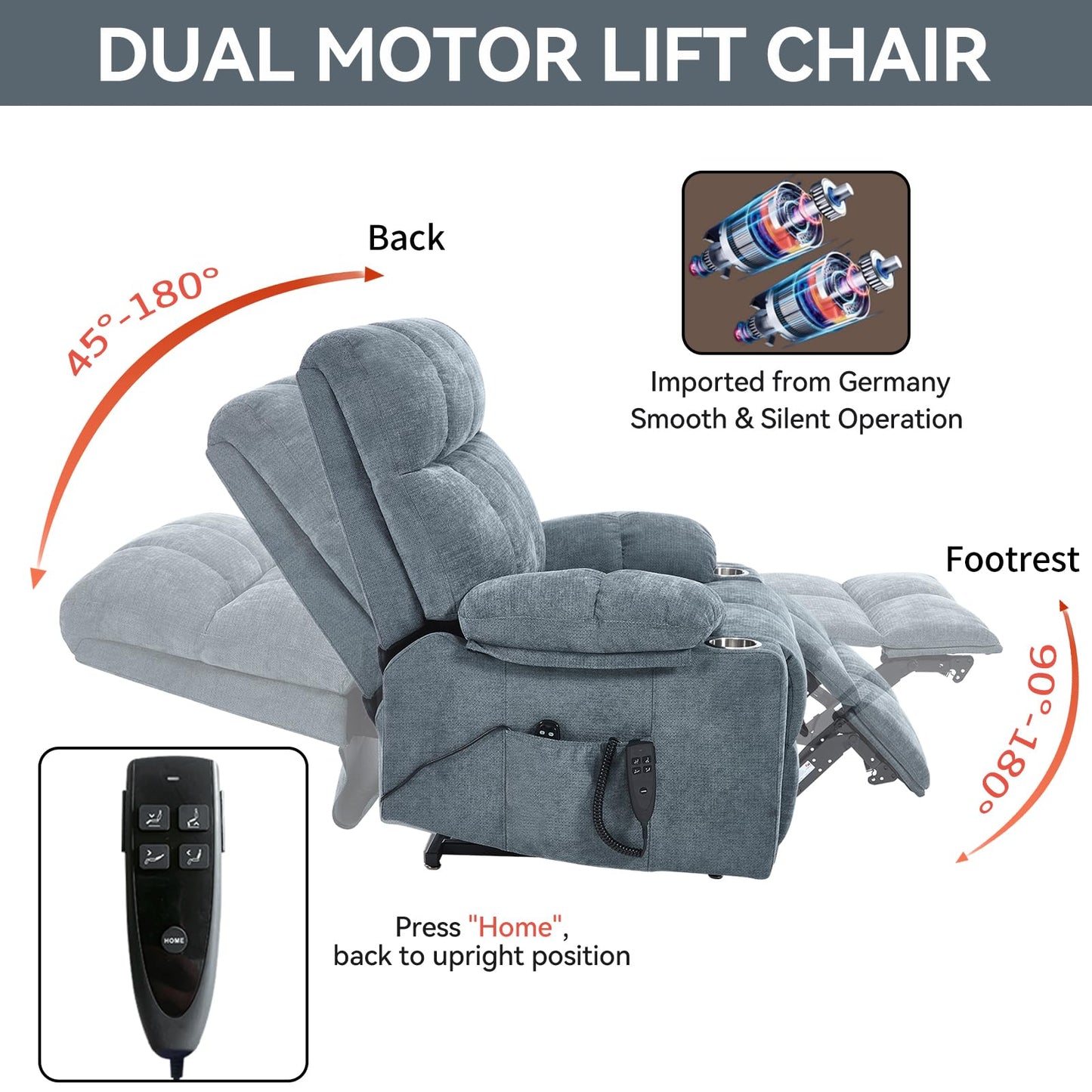 Dual Motor Power Lift Recliner Chair with Heat and Massage, Infinite Position Lift Chair, Oversized Chenille Recliner with 8-Point Vibration, Cup Holders and Side Pockets for Living Room, Grey Blue