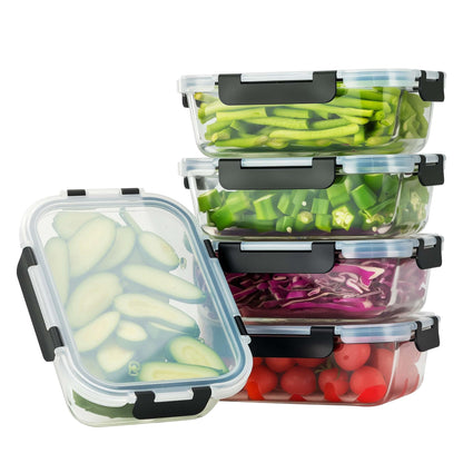 WWYH.DSS 5-Piece Set, 36 oz Glass Meal Prep Containers with Snap-Lock Lids, Airtight Lunch Containers, Microwave, Oven, Refrigerator & Dishwasher Safe,Black