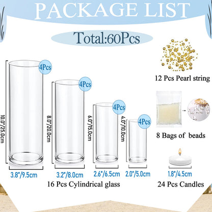 UDU 16 Set Glass Cylinder Vases for Centerpieces with 80000 Clear Beads 24 White Floating Candles 12 Pearl String Center Pieces Decoration for Table Table Wedding Party Home