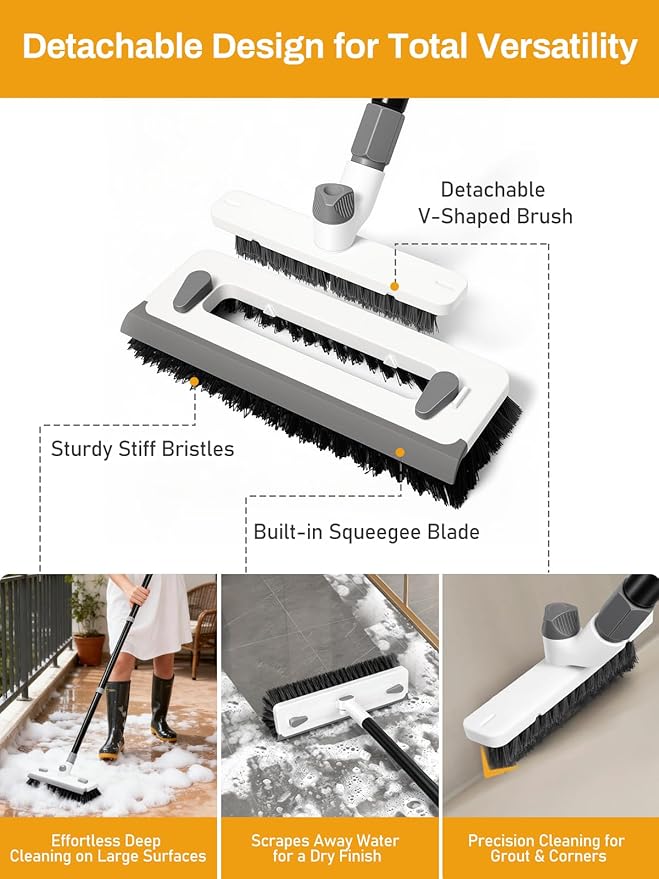3 in 1 Floor Scrub Brush with Long Handle 55" Push Broom Stiff Bristle Scrubber
