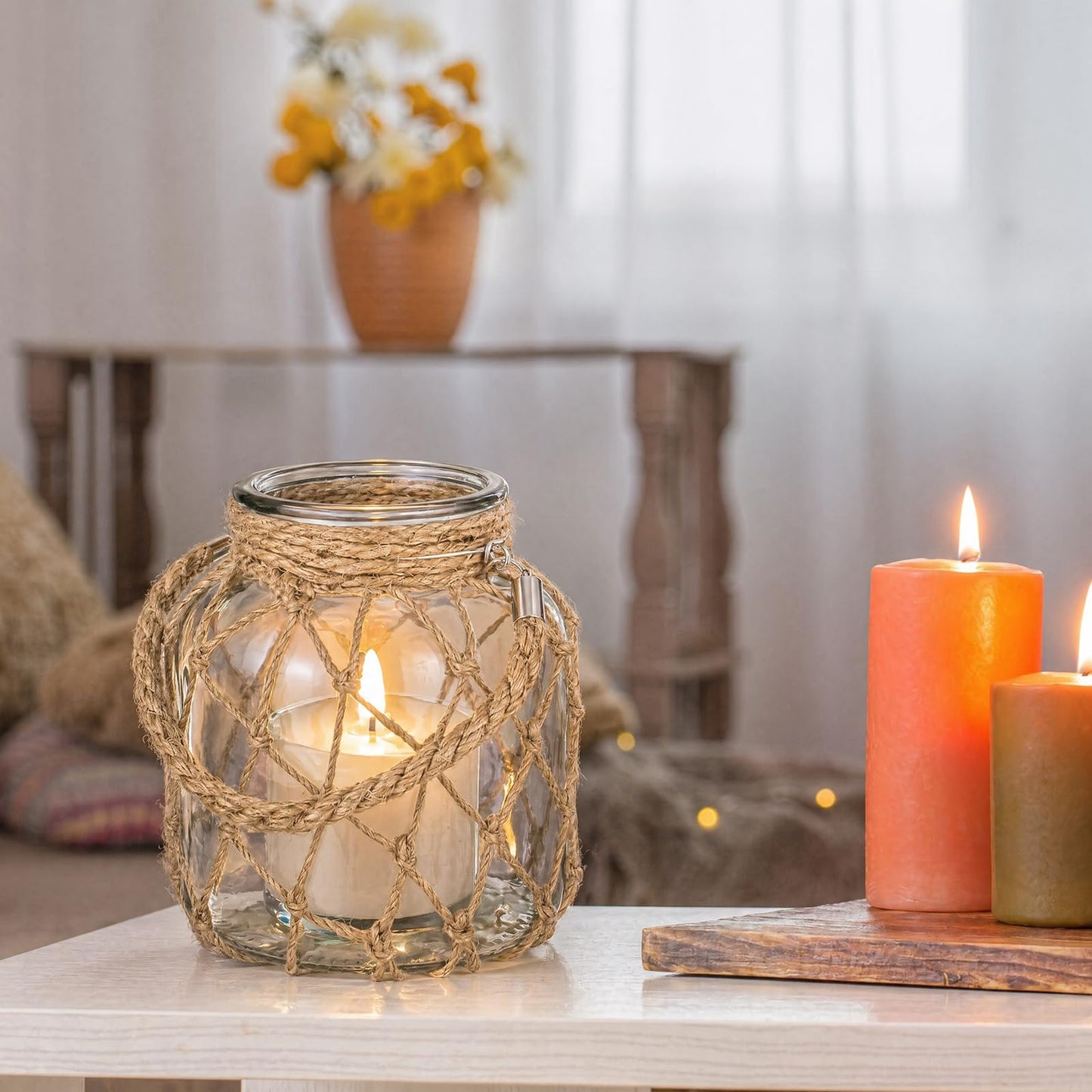 Blushtier 2 Set Nautical Candle Lantern with Rope Handle Coastal Glass Jar Battery Operated LED Flameless Lantern for Room Party Sea Beach House Table Centerpieces Decoration 5.5" x 5.5" x 6.3"