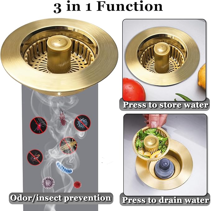 Kitchen Sink Drain Strainer, 3 in 1 Pop up Kitchen Sink Stopper,