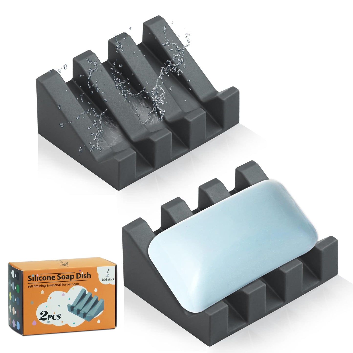 Self Draining Silicone Soap Dish for Shower & Kitchen - Non-Slip Waterfall Bar Soap Holder Tray, Soap Saver Keeps Soap Dry, Easy to Clean & Hygienic (, 1 Pack) (Grey, 2)