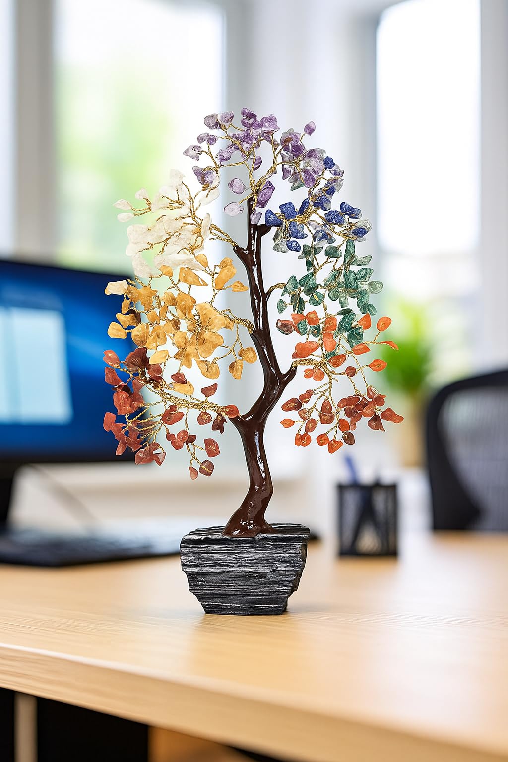 Seven Chakra Crystal Tree for Positive Energy, Healing Gemstone Bonsai with Black Tourmaline Gemstone Base – Feng Shui Money Tree for Home Décor, Meditation & Reiki Healing
