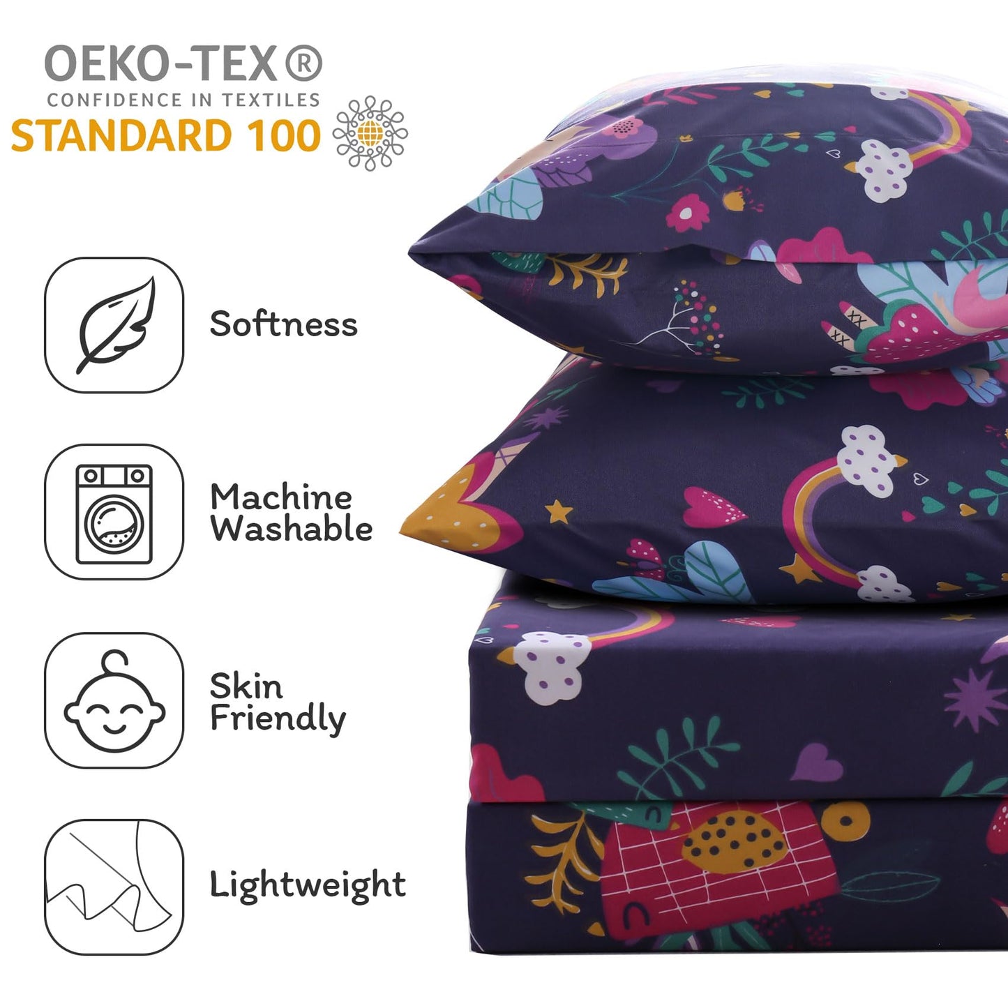 JSD Purple Fairy Kids Sheet Set Twin Size, 3 Piece Girls Floral Printed Microfiber Sheets Deep Pocket
