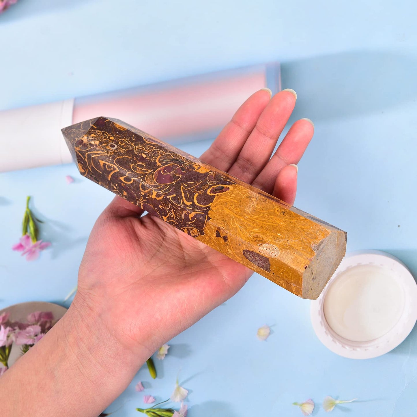 JIC Gem Nature Crystal Obelisk Towers Wand Golden Jade 6 Faceted Column Healing Crystal Wand for Home Decor Meditation Reiki Healing 1.8-2.2 LBS