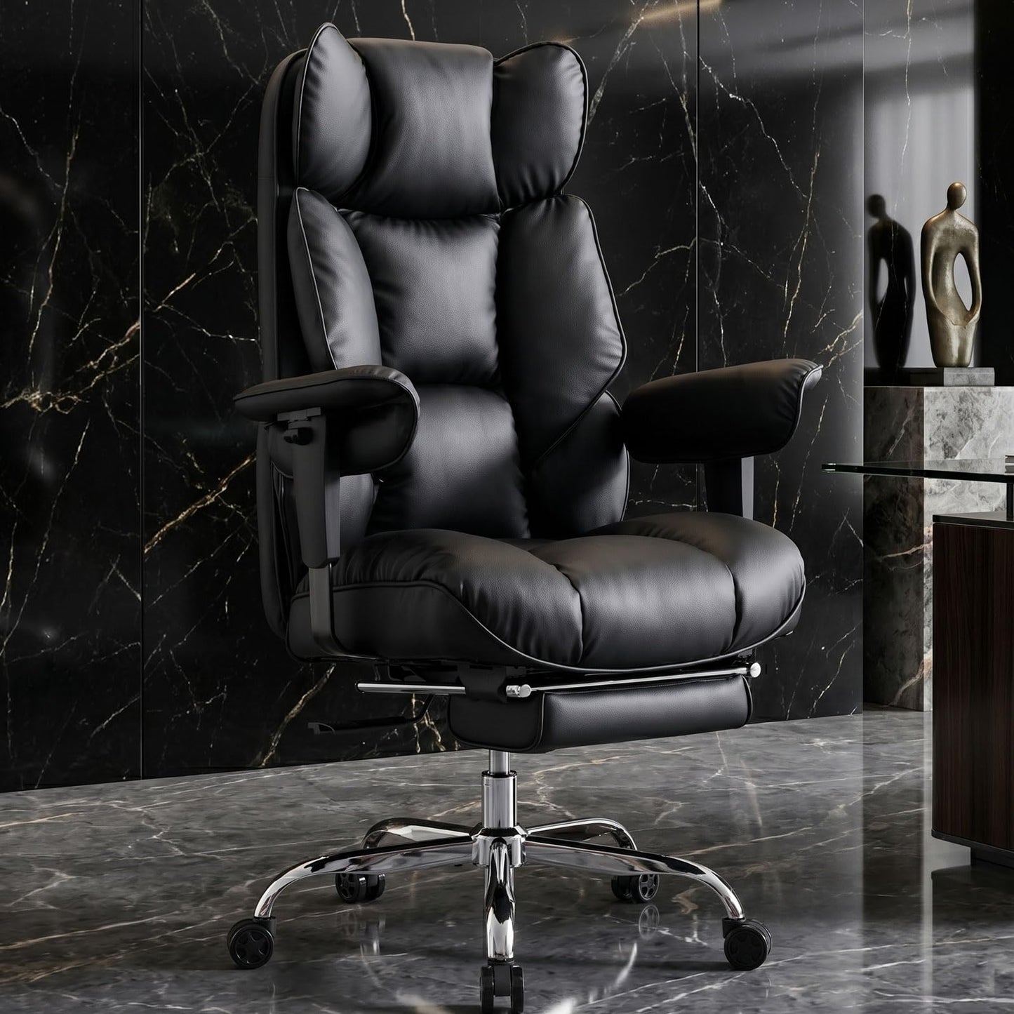 Efomao Big and Tall Office Chair 400lbs – PU Leather Executive Office Chair with Lumbar Support & Leg Rest, Heavy-Duty Computer Chair for Home Office, Grey
