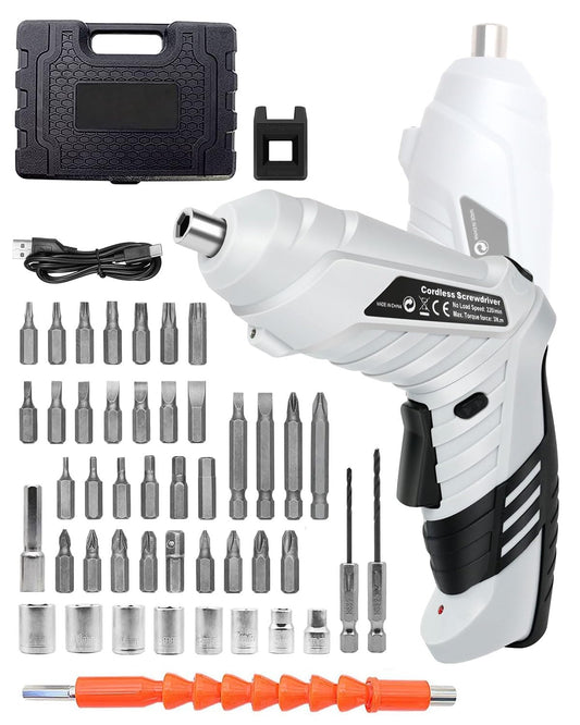 KALAHOL 49 Piece Electric Screwdrivers Cordless, 1300mAh Cordless Screwdriver Rechargeable, 3.6V Rotatable 90 Degrees Electric Screwdriver Set for Home DIY, White