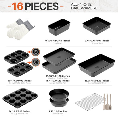 16-Piece Nonstick Bakeware Set with Oven Mitts, Donut Pan, and Heart Pan, Stackable Carbon Steel Baking Pans Set with Kitchen Utensils and Rack, Ceramic Coating, Black