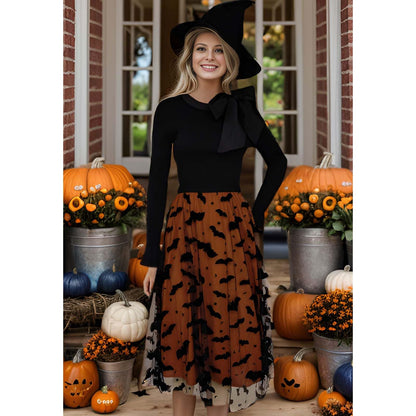 CHICWISH Women's Pumpkin Tulle Tutu Skirt Velvet Bats Elastic Waist Halloween Party Layered Mesh Midi Skirt Halloween Costumes