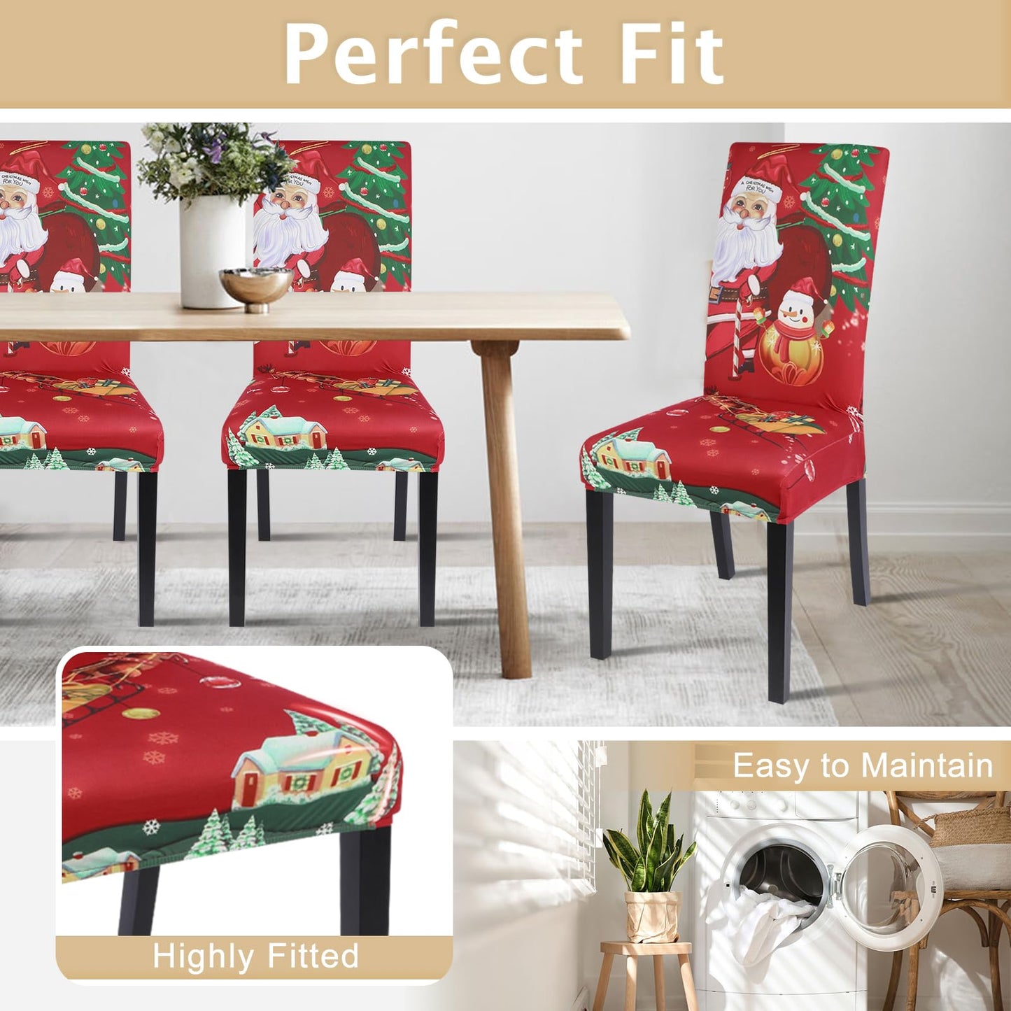 SearchI Christmas Dining Room Chair Covers Set of 6, Stretch Xmas Chair Slipcovers Protector, Spandex Washable Kitchen Parsons Chair Cover for Dining Room,Christmas Decor,Holiday Party(Santa Claus)