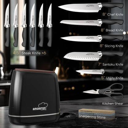 Knife Set, Amorston 14-Piece Kitchen Knives Set with Block & Sharpening Stone, Stainless Steel Dishwasher Safe, Knife Block Set with Ergonomic Handle, Professional Kitchen Knives for Home Cooking