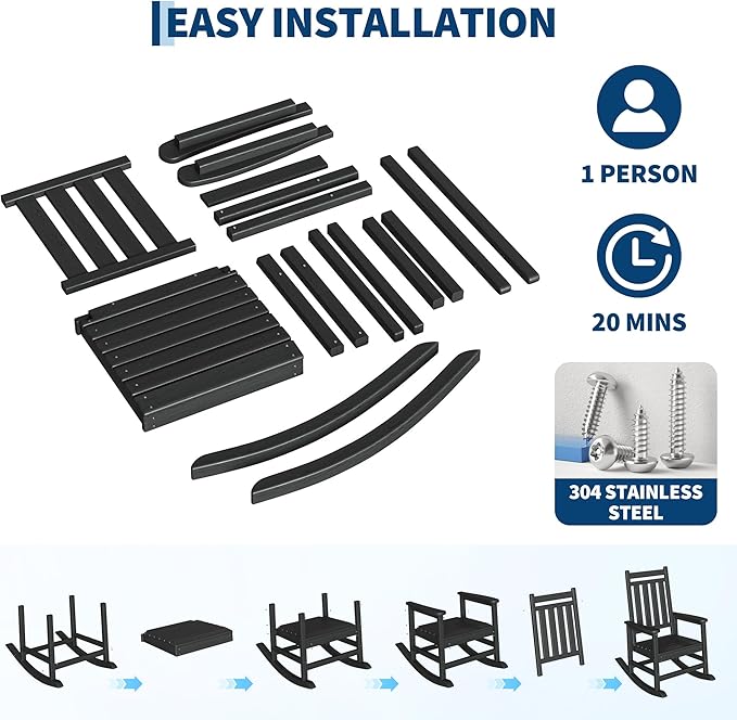 HDPE Rocking Chair Outdoor Set of 4 - Poly High Back Porch Rocker Chairs for Adults - All Weather Resistant Furniture for Patio Front Porch - Black