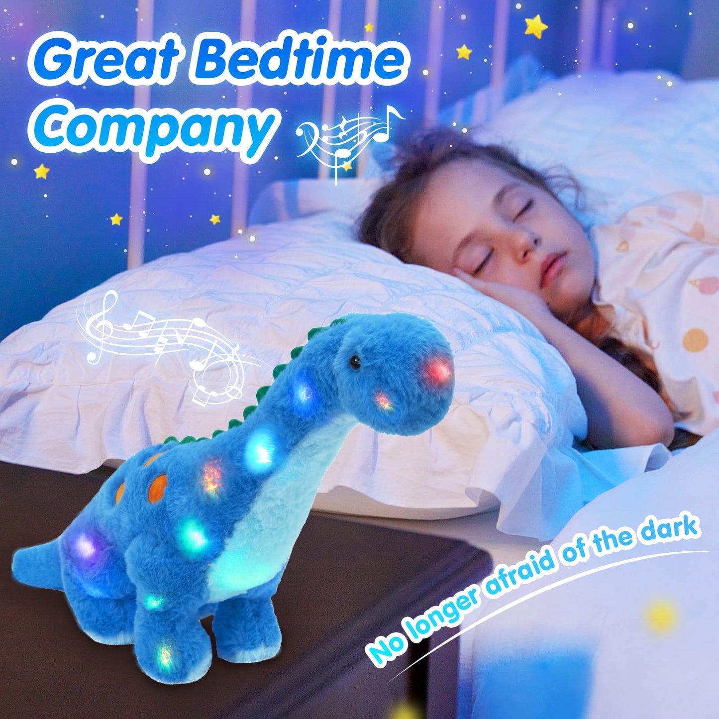 Houwsbaby 14" Blue Musical LED Dinosaur Stuffed Animal Floppy Diplodocus Plush Toy Singing Light Up Adorable Long Neck Lullaby Animated Soothe Baby Birthday Christmas Halloween for Kids Boy Toddlers