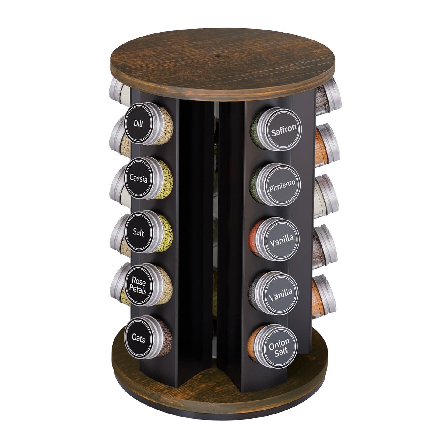 Revolving Spice Rack Set with 20 Spice Jars, Kitchen Spice Tower Organizer for Countertop or Cabinet -- Carousel Storage Includes 386 Spice Labels -- Desktop Rotating Seasoning Organizer