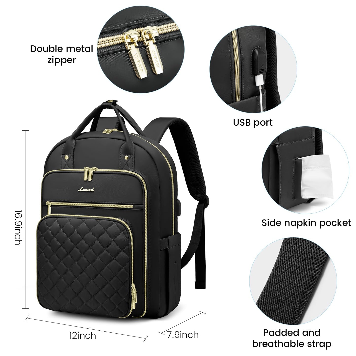 LOVEVOOK Laptop Backpack Women 15.6 Inch, Backpacks Womens, Rucksack Bag for School College Work Travel University, Ladies Lightweight Commuter Bags with USB Charging Port, Black
