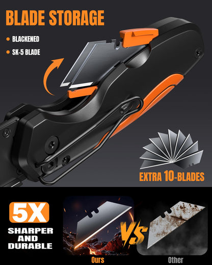 VOTREK 4-in-1 Multitool Folding Utility Knife Box Cutter, Pocket Knives with Belt Clip, Quick-Change Razor Knife with Blade Storage, Navajas para Trabajo,Fathers Day Dad Gifts, Extra 10 SK5 Blades