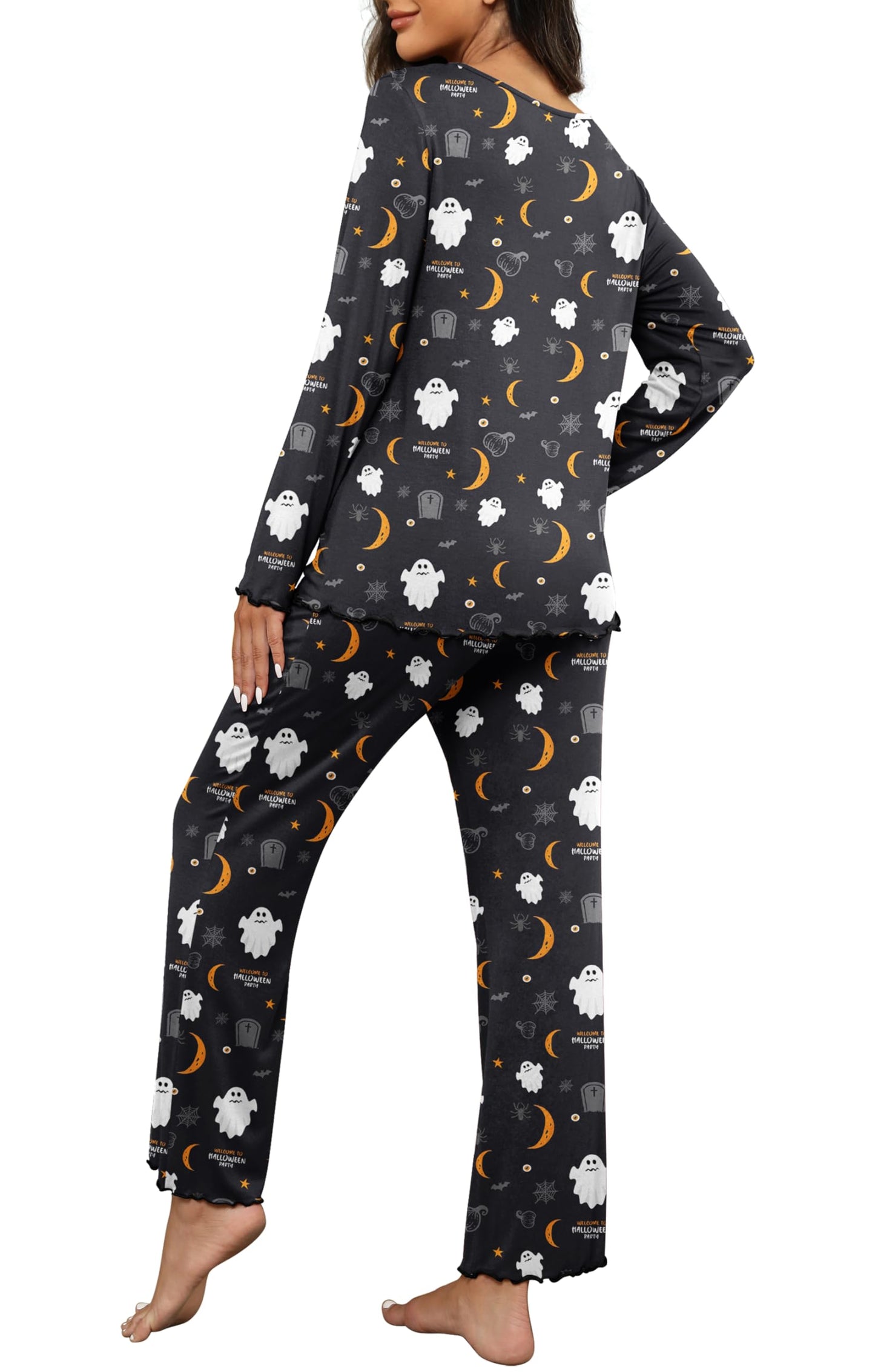 PrinStory 2025 Women's Pajama Set Long Sleeve Sleepwear Ladies Lounge Set Soft Pjs Loungewear FP-Black Moon Ghost-S