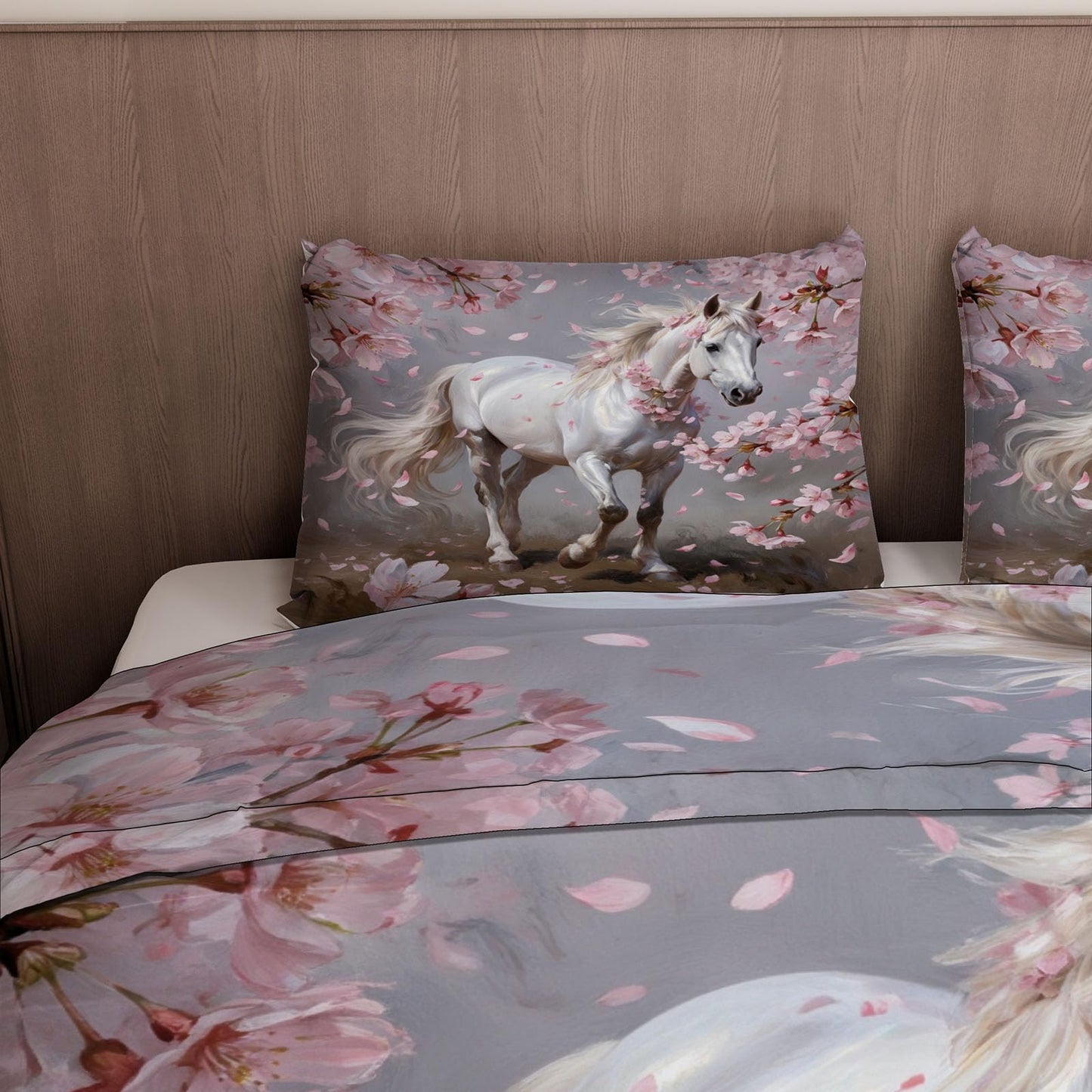3D Horse Duvet Cover King Size 104x90in Soft Breathable Microfiber Cherry Blossoms Bedding Set Zipper Closure Reversible Comforter Cover 3 Pieces with 2 Pillow Shams (WJT 23-10)