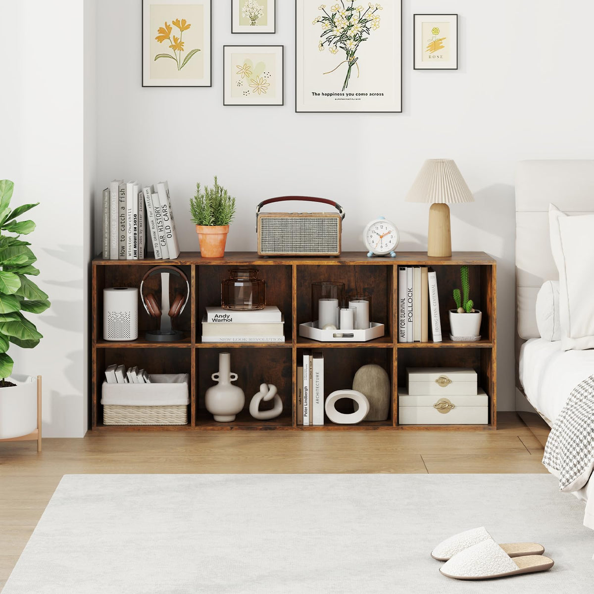 Giantex 8-Cube Bookcase, Floor Standing Bookshelf with Storage & 2 Anti-Tipping Kits, Open Storage Organizer, Cubby Wooden Book Shelf for Living Room, Study (Rustic Brown, 8-Cube)