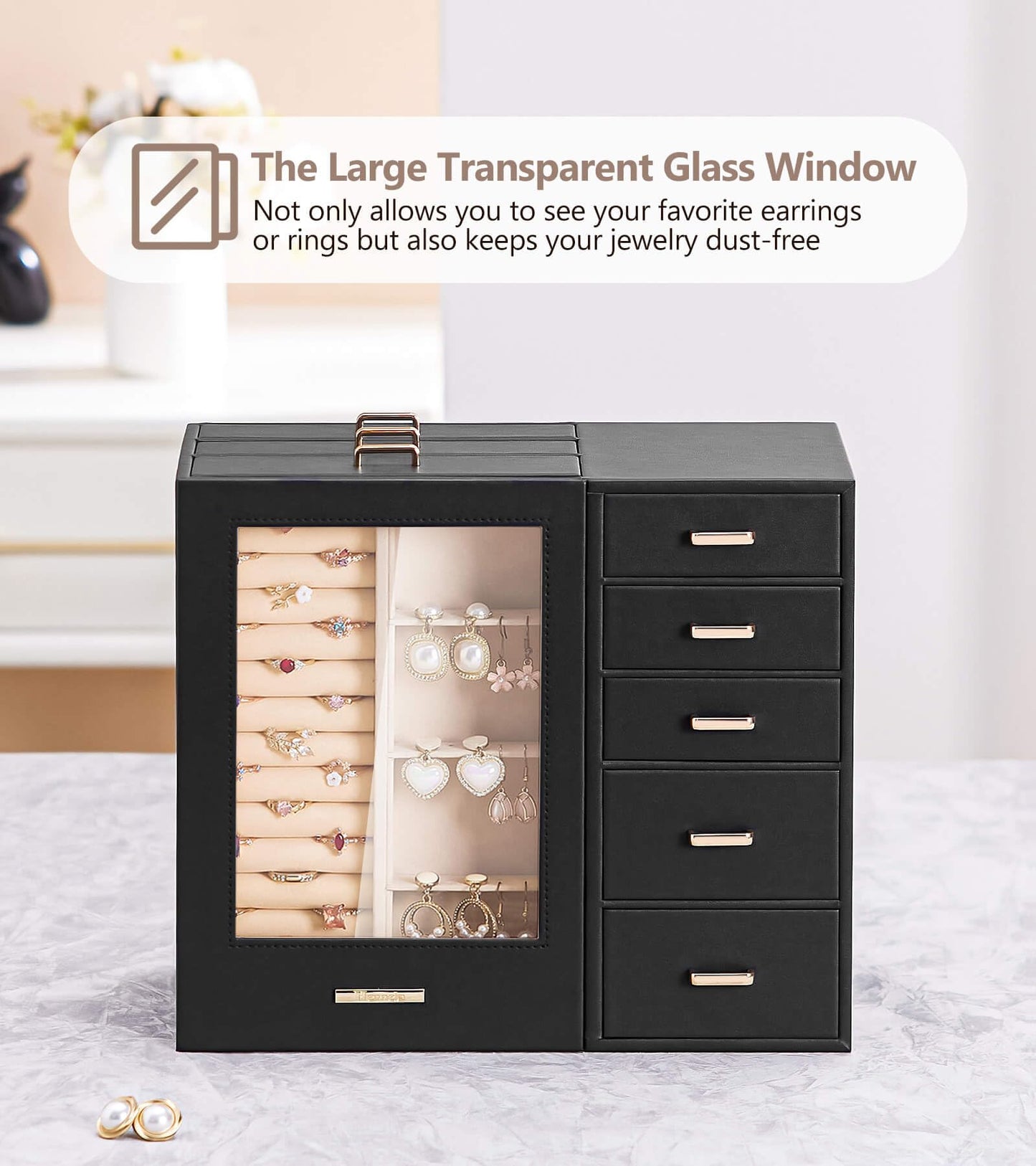 Homde Jewelry Organizer large for Dresser: Big Jewelry Box for Women - Holder with Drawers - Elegent Necklace Earring Ring Display Modern Gift (Black)