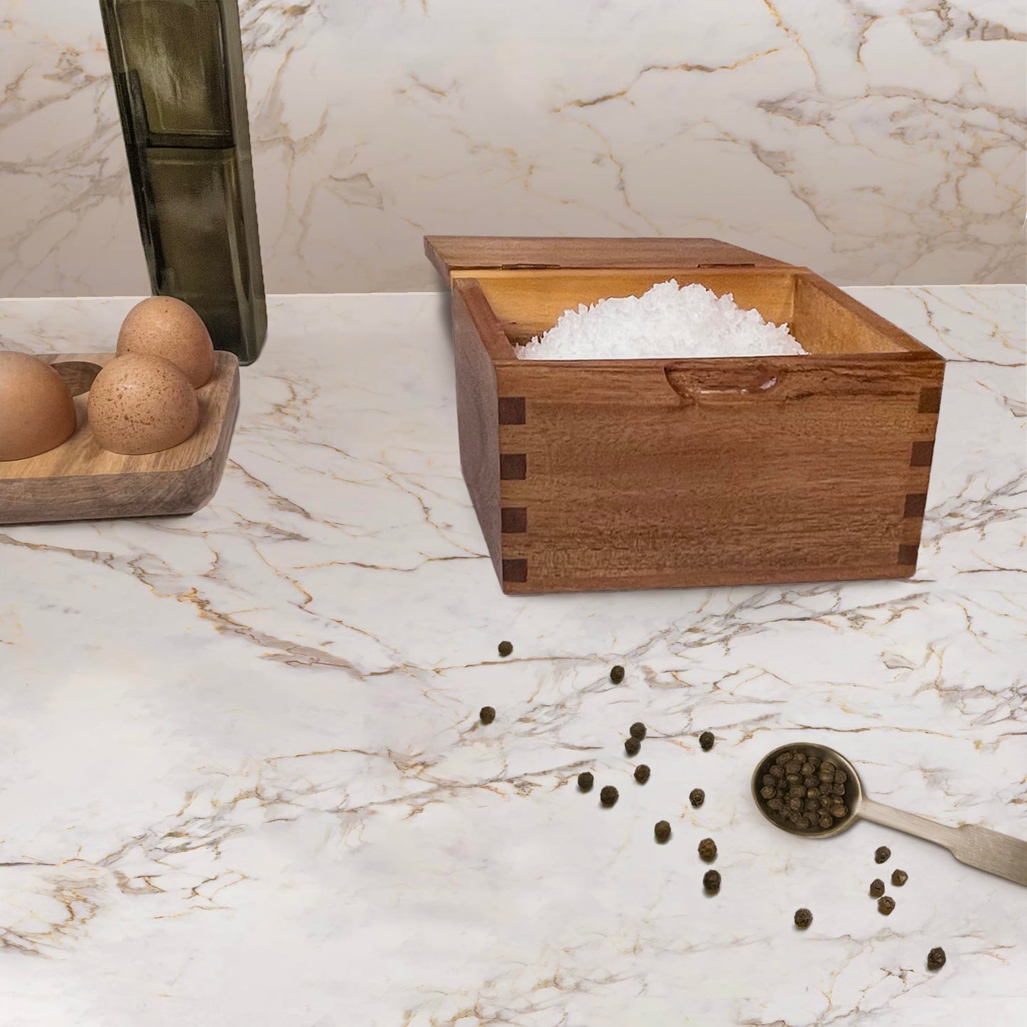 Itomoyo Acacia Wood Salt Cellar Spice Box with Flip Lid Storage Box 5.5 x 3.5 x 3.25, 20 oz Kitchen Container, Salt Keeper for Gourmet Salts, Seasonings, Spices, Grilling & Cooking