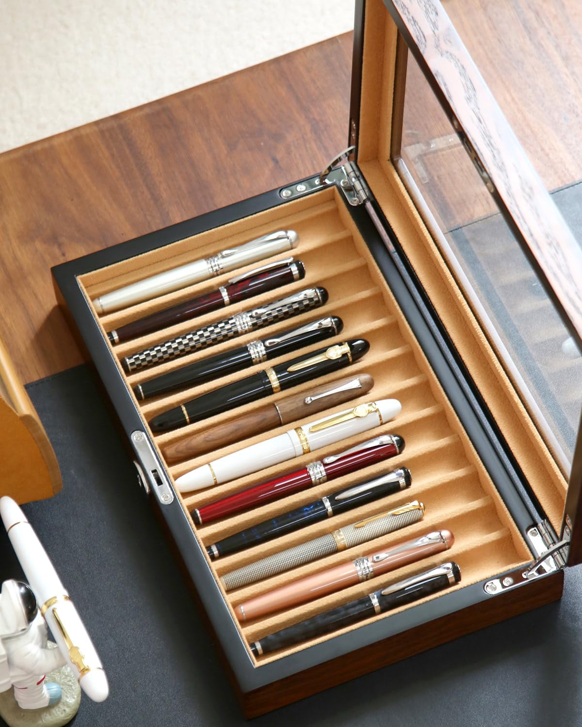 Besforu Wooden Pen Display Case – 12 Slot Lockable Fountain Pen Storage Box, Brown Collectors Display with Glass Top, Gift for Men