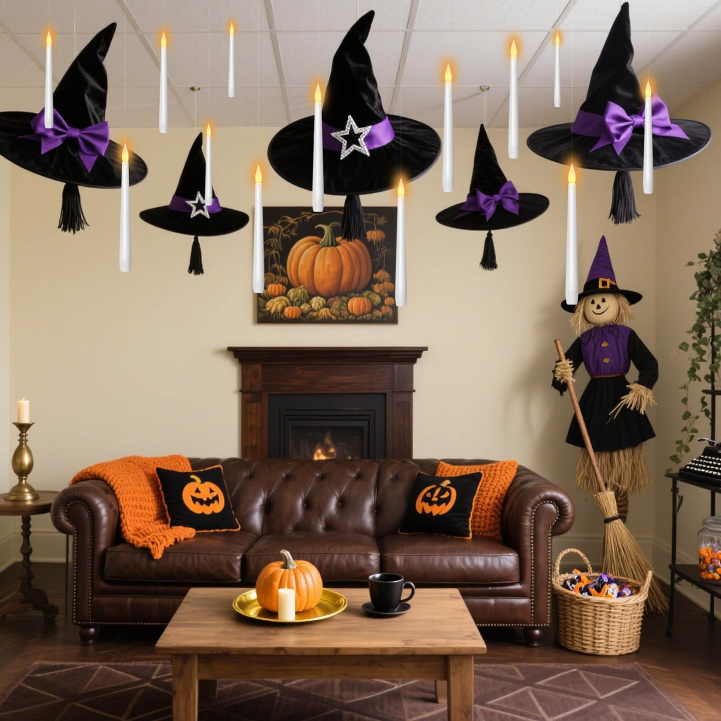 Lezonic Floating Candles with Wand Remote, Set of 12 Magic Flameless Candles Battery Operated, Flikering Hanging LED Taper Candlesticks Halloween Decorations, 0.51" x 6.7"