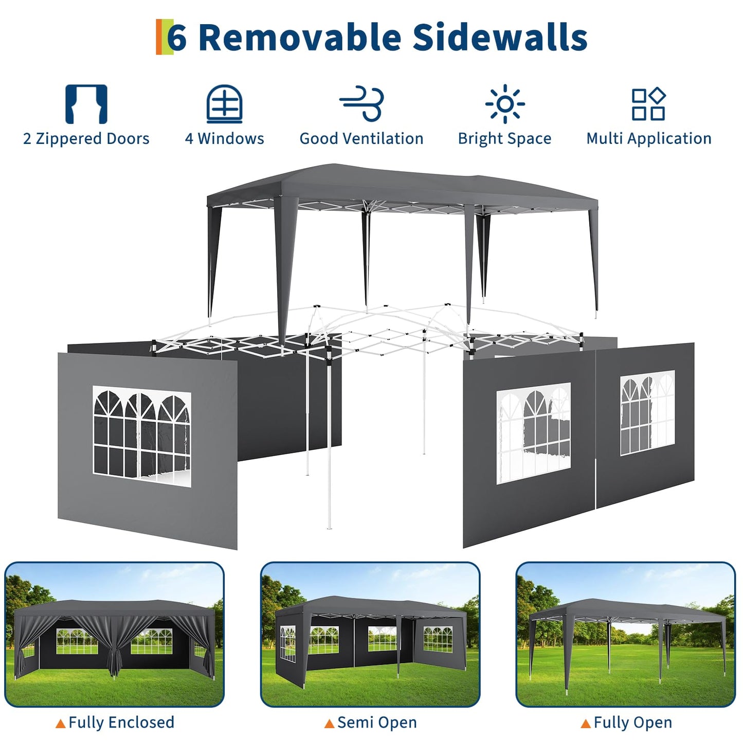Garvee 10x20 Pop Up Canopy Tent with 6 Removable Sidewalls, Easy Up Commercial Canopy Tents for Parties, Large Heavy Duty Outdoor Canopies with 3 Adjustable Heights, Stakes X18, Ropes X6, Grey