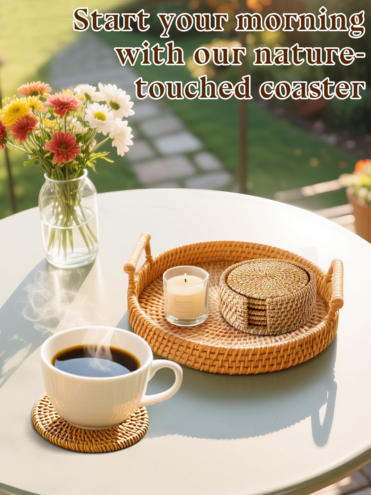 6pcs Natural Handmade Rattan Coasters with Holder - Wicker Drink Coasters Set, Housewarming Gifts Boho Summer Home Coastal Decor