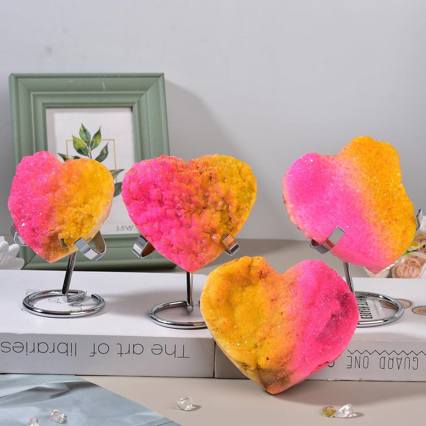 JIC Gem Pink Yellow Titanium Coated Large Heart Crystal Cluster Geode Healing Crystals Heart Shaped Rocks with Crystal Display Stand Home Decor Reiki Meditation 3.14-3.54 inch
