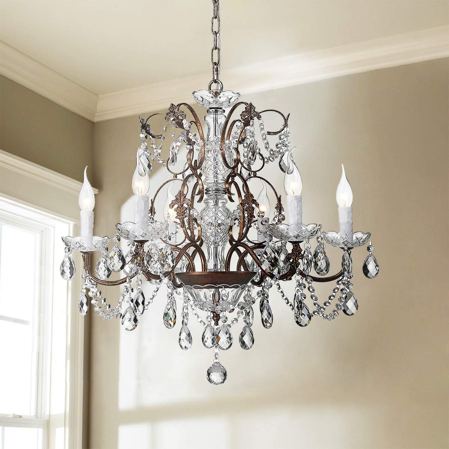 Saint Mossi 6-Light Crystal Chandelier - Farmhouse Rustic Pendant Light Fixture for Bedroom, Dining Room, Living Room - H23 x W24, Chain Adjustable