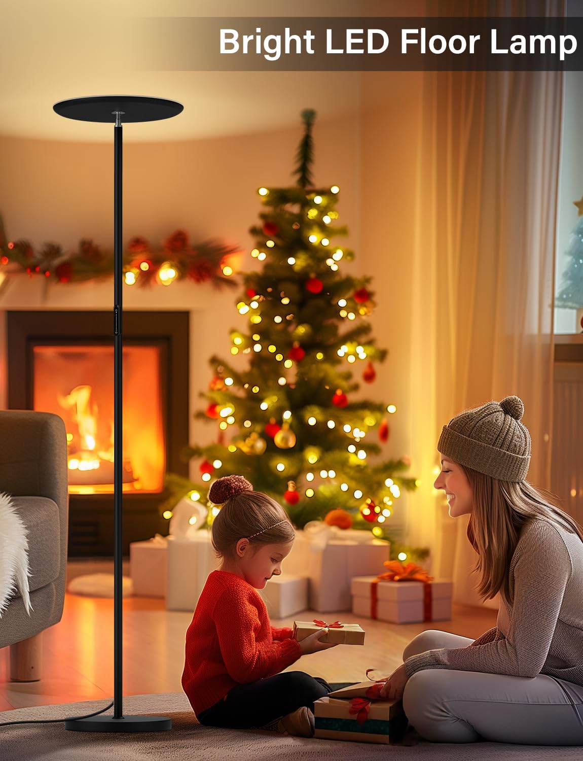 PreeOtti Modern LED Floor Lamp - Remote & Touch Control, 40W/2400LM Sky Torchiere Standing Lamp, Fully Dimmable, 3 Color Temperatures, Ideal for Living Room & Bedroom, Easy to Assemble