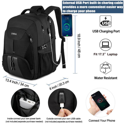 Extra Large 50L Travel Laptop Backpack,Water Resistant Work Backpack Bag with USB Charging Port,Anti Theft Big Business Backpack,College School Computer Rucksack for Men Women,Fits 17Inch Laptop-Black