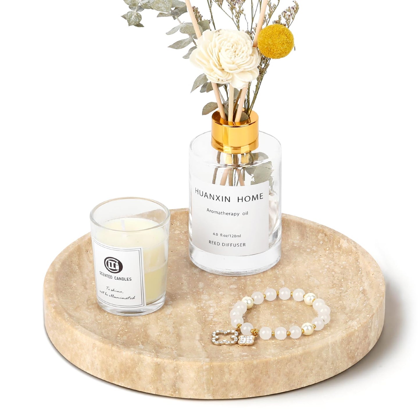 Moujings Natural Travertine Vanity Tray - Decorative Stone Marble Tray for Bathroom Countertop, Elegant Organizer for Home Decor, Jewelry, Candle, Makeup, Kitchen and Dresser Decor
