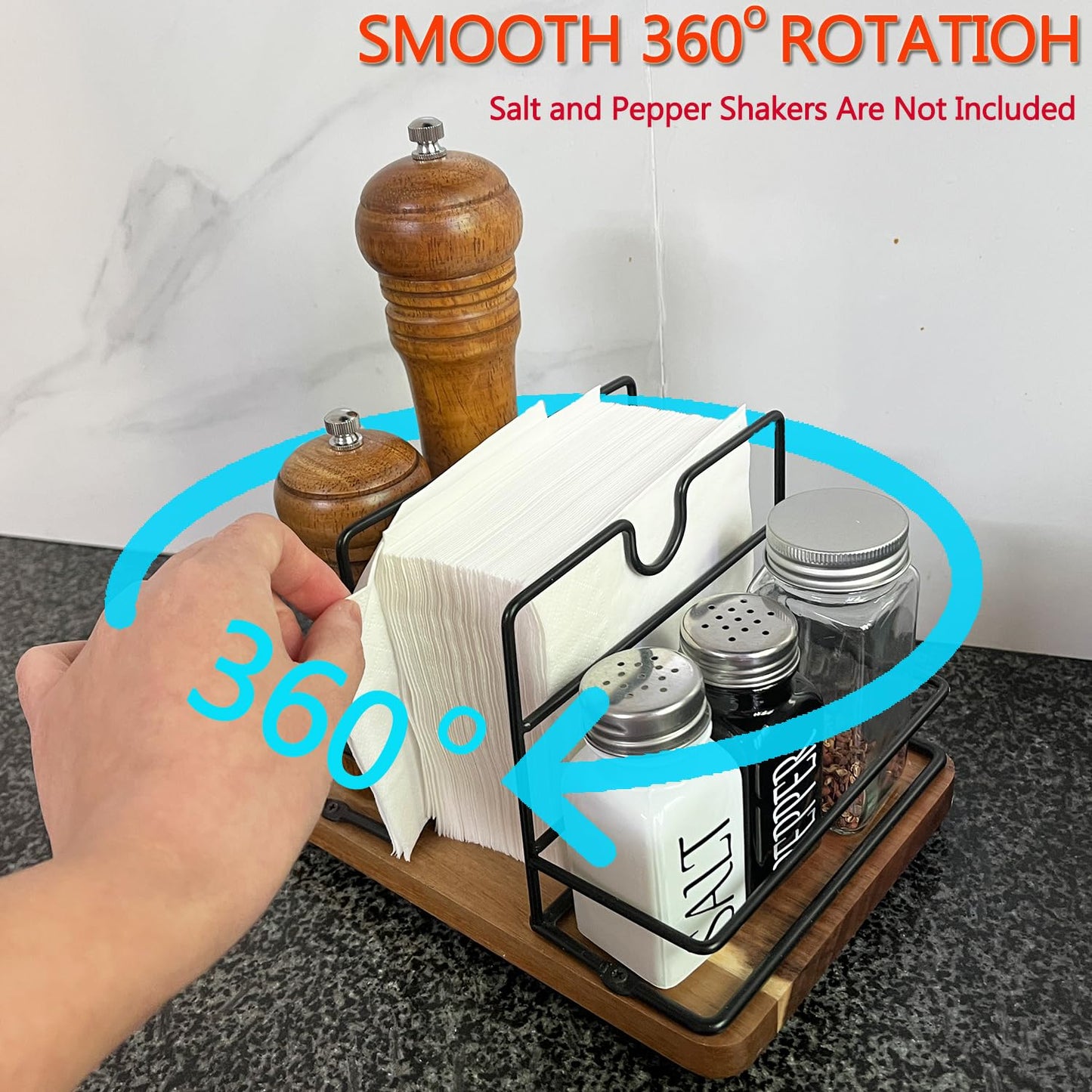 Napkin Holders for Kitchen Table, Rotating Wood Vertical Napkin Dispenser That Can Hold Salt and Pepper, Rustic Napkin Holder for Kitchen Dining Table Decor Brow Acacia