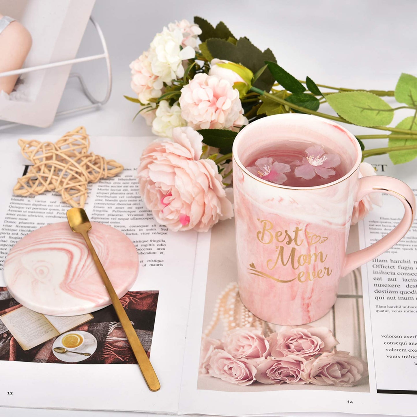 YHRJWN Best Dad and Mom Marble Ever Coffee Mug Set - with Gift Box Coaster Spoon for Christmas Birthday Parent Gift from Daughter Son 14 Oz Each