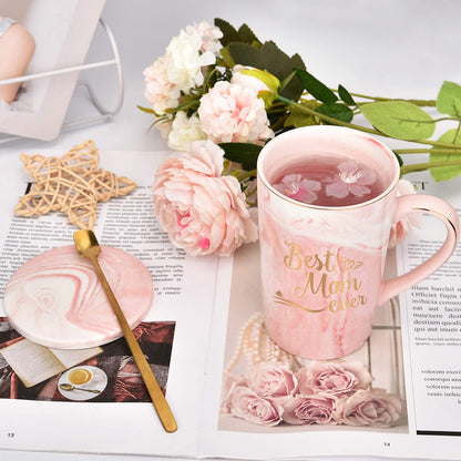 YHRJWN Best Dad and Mom Marble Ever Coffee Mug Set - with Gift Box Coaster Spoon for Christmas Birthday Parent Gift from Daughter Son 14 Oz Each