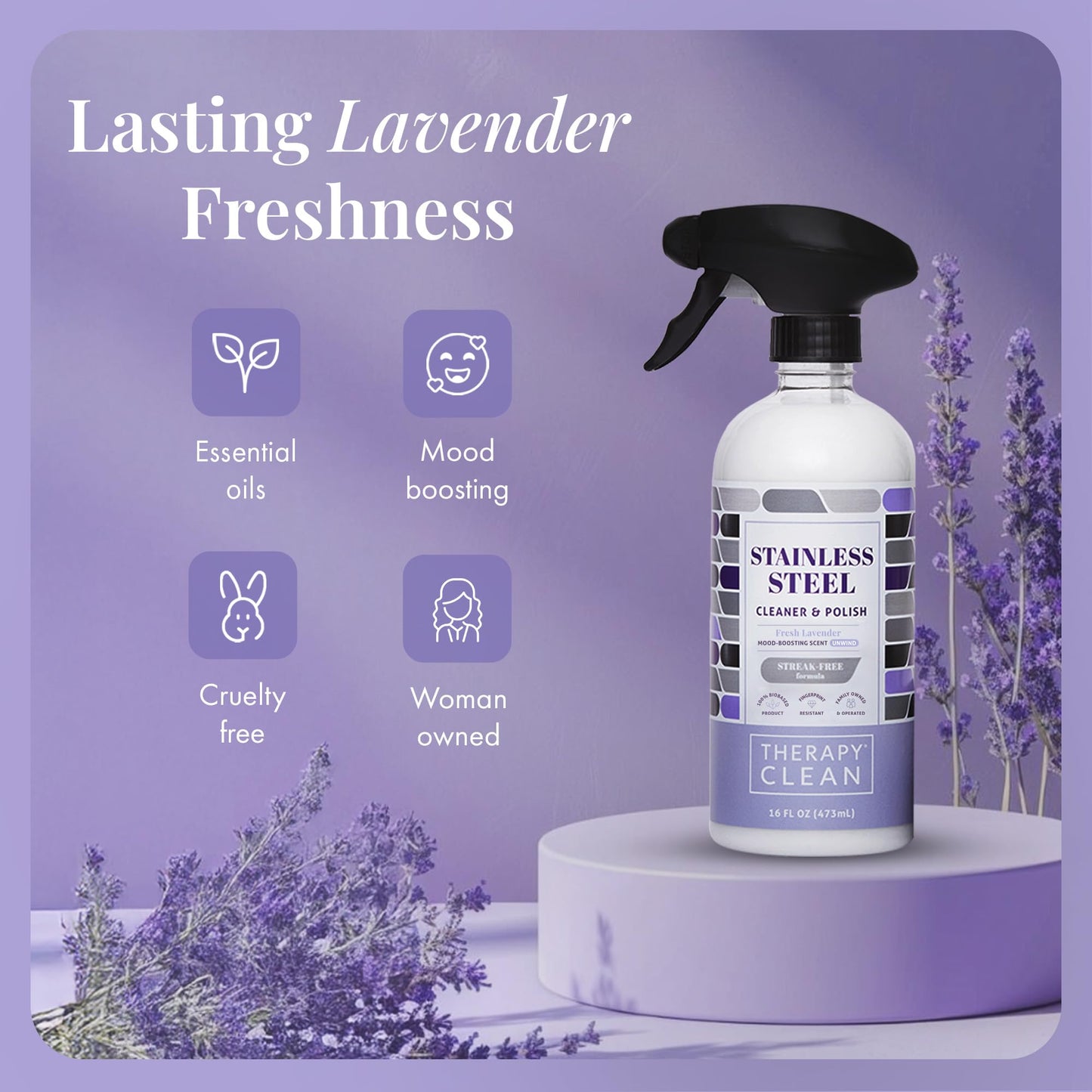 Therapy Stainless Steel Cleaner and Polish 100% USDA Biobased, Fingerprint and Residue Remover, Lavender Essential Oil Scent, Sink Cleaner, Grill Spray